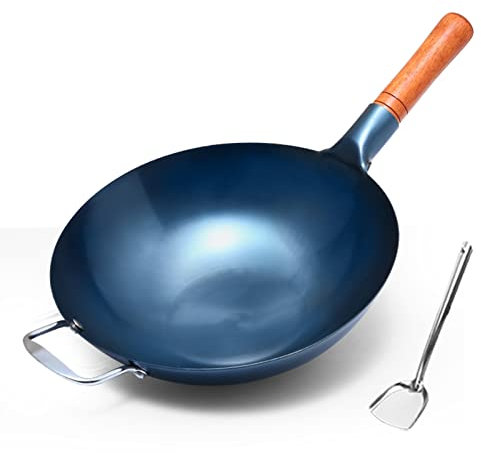 GSZCCZS Woks in ghisa e padelle di padella, pentola di ferro rotonda martellata a mano cinese, manico ad helper in acciaio e senza rivestimento, 34 cm (34 cm)