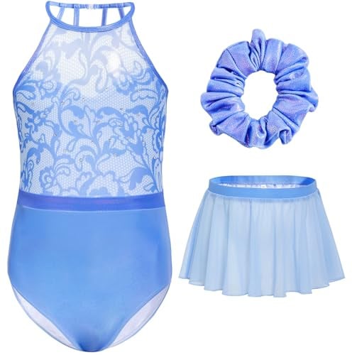 Gogokids Filles 3 PCS Ensemble de Gymnastique Halter, Enfants Justaucorps de Gymnastique avec Design en Strass & Maille, Ballet Scintillant Comprend Justaucorp, Jupe en Mousseline & Hairband pour 3-12