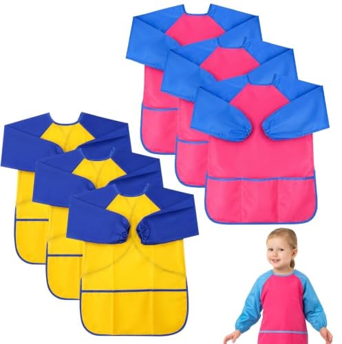 Girihe 6 Pack Childrens Aprons for Baking,Artist Costume Kids,Art Apron Kids For Age 2-5 Years Boys And Girls Play Apron,Kid s Aprons For Cooking Painting, Baking (Yellow+Pink)