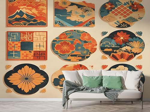 Boceoey Japan Cherry Blossoms Wall Mural, Self-Adhesive Peel & Stick Wallpaper, Japanese Patchwork Design Photo Wallpaper for Living Room & Bedroom (450x315 cm), M-623