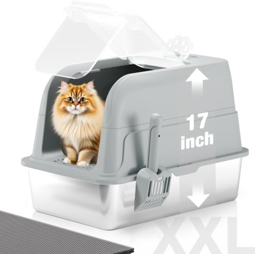 APPKER Stainless Steel Cat Litter Tray with Lid, XXL Large Enclosed High Sided Cat Litter Tray, Metal Cat Box with 120° Fully Transparent Detachable Lid, Scoop & Mat - Grey