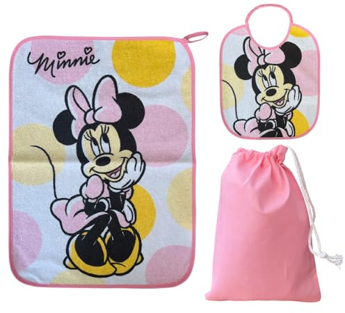 CARTOON Juego de guardería de 3 piezas, babero y mantel con reverso plastificado, bolsa, juego completo para el almuerzo