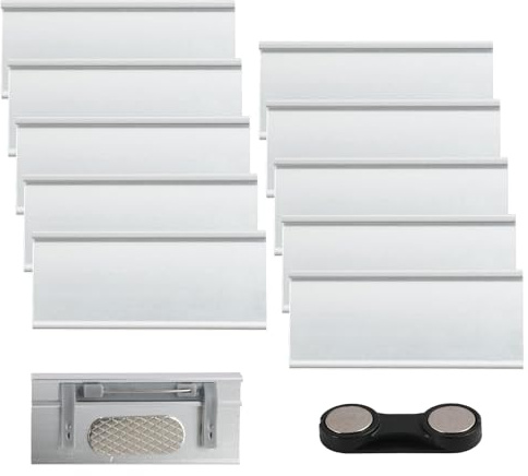 Lot de 10 Badges aimantés en aluminium pour vêtements, avec double aimant puissant, porte badge avec fente pour papier, 72 x 35 mm, argenté, pour conférence, travail, événements