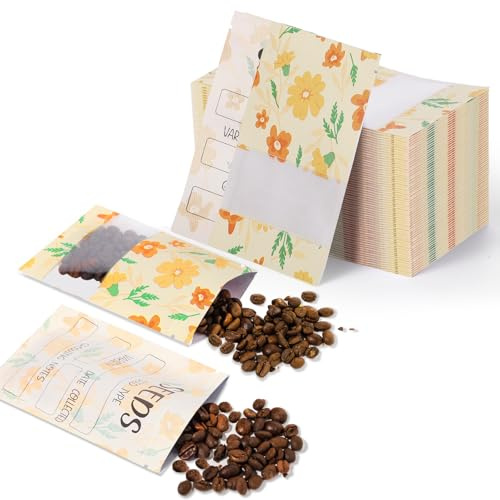 120 Seed Envelopes with Window, Resealable Paper Packets, 14 x 9 cm | Orange floral design, writable back, easy-fill opening, tear notch, for seed storage or coins