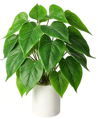 Floralsecret Fake Plants in Ceramic Pot, 13.7 Small Artificial Potted Plants – Realistic Faux Green Plant with White Planter for Indoor Home Office Desk Shelf Table Bathroom Bedroom Decor (Pothos)