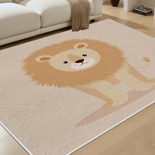 RRUxiia Löwe Esszimmer Teppich 240x300 cm Tiere Cartoon Muster rutschfest, Waschmaschine, Weich, Kurzflor Beige Teppiche für Wohnzimmer, Schlafzimmer, Bettvorleger