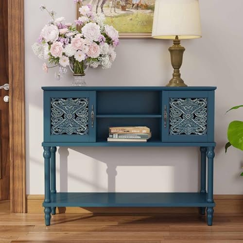 HOLTICO Console Table, Slim Console Tables, Narrow Entryway Table with Drawer and Storage Shelves, Vintage Sofa Tables for Entryway, Hallway, Foyer, Living Room, Blue