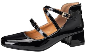Generico Scarpe Mary Jane da Donna con Cinturini Incrociati Punta Quadrata Decollete Tacco Grosso in Pelle Verniciata Metallizzata Zip Fibbia Dorata