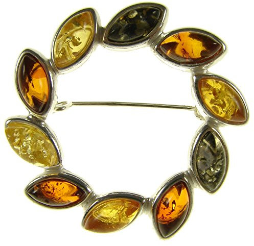 Baltic amber and sterling silver 925 multi-coloured flower leaf brooch pin