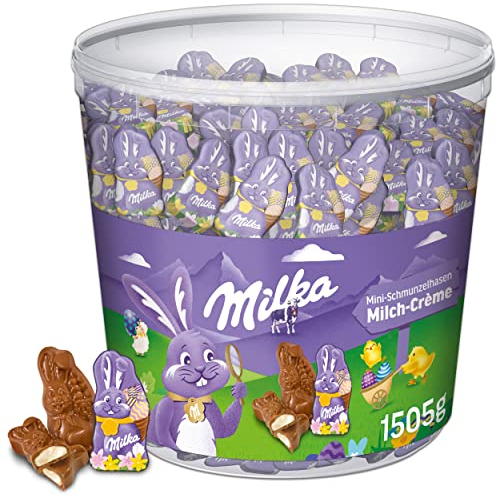 Milka Mini Schmunzelhasen 1 x 1.505g I Osterschokolade Großpackung I gefüllt mit Milchcréme I Süßigkeiten zu Ostern aus 100% Alpenmilch Schokolade
