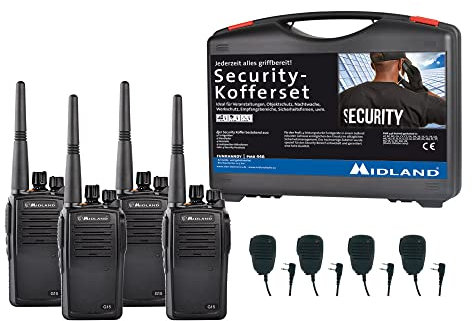 Midland G15 Pro 4er Security-Kofferset, C1127.S3, PMR446-Funkgeräte inkl.1600mAh Lithium-Ionen Akkupack, Standlader und MA 25-M Lautsprechermikrofone