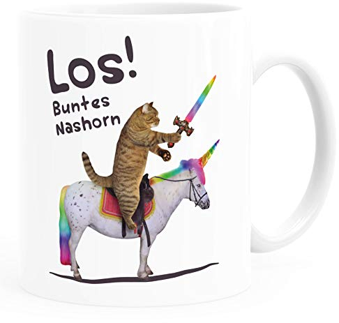 MoonWorks® Kaffee-Tasse Katze Satire Los buntes Einhorn Unicorn Nashorn Pferd Bürotasse lustige Kaffeebecher weiß Keramik-Tasse