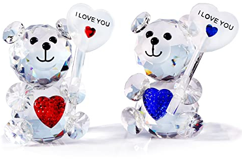 K9 Crystal Blue & Red Bears Figurines Ornaments with I Love You Couple Gifts for Gilfriend, Anniversary Wedding Valentines Gifts for Parents Glass with Gift Box