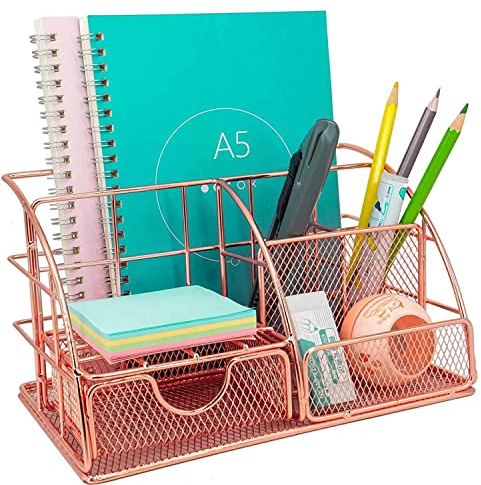 Stifthalter Schreibtisch Organizer Metall Rosegold Ablagesystem Tisch Bleistifthalter Ablagefach Schreibtischablage Büro Schule Organisation mit Schublade Ordnerablage Schreibware Büroorganizer Stifte