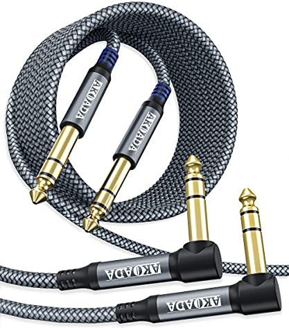 1/4 Inch TRS Instrument Cable (10ft 2Pack),Akoada Right Angle 6.35mm Male Jack Stereo Audio Interconnect Cord,Compatible for Bass,Keyboard,Mixer,Amplifier,Amp,Electric Guitar,Speaker