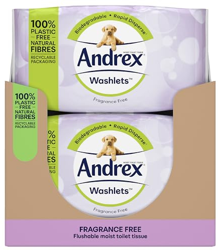Andrex Washlets Flushable Toilet Wipes - 12 Moist Toilet Tissue Pack - Gentle for Delicate Skin - Fragrance-Free - Hypoallergenic - Biodegradable - Plastic-Free