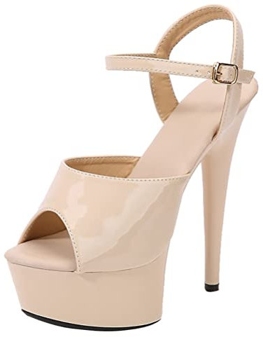 Minetom Escarpin Femme Bout Ouvert Talon Haut Plateforme Épais Talons Hauts Aiguille Sandales Club Soiree Chaussures Beige 37 EU