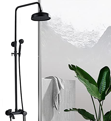 DiLiBee Kit de douche mural rétro - Système de douche à effet pluie - Avec pommeau de douche, douchette à main - Valve en céramique pour salle de bain - 80-120 cm - Noir