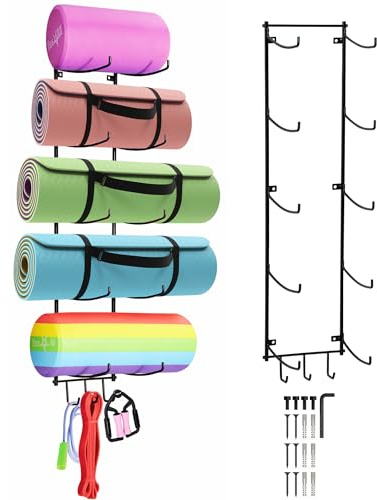 Yes4All 3-stöckige und 5-stöckige Stahl-Yogamatten-Organizer, Wandhalterung mit 3 Haken, Schaumstoff-Rollenhalter, Wandhalterung für Yogamatte, hängende Yoga-Gurt und Widerstandsbänder