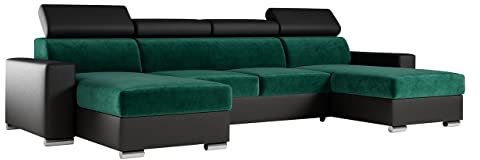 MKS MEBLE Sofa U Form, Wohnlandschaft U Form mit Schlaffunktion, Sofa mit Schlaffunktion, Sofa XXL, Couch mit Schlaffunktion, Polstersofa mit Bettkasten - Fox U Grün Schwarz Monolith
