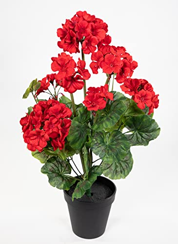 Künstliche Geranie im Topf 44cm JA Kunstblumen künstliche Pelargonium Blumen Pflanzen (Rot)
