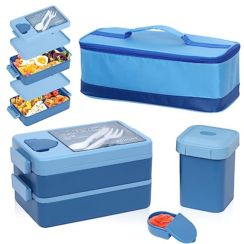 UHAPEER Lunchbox 2 Etagen mit Tragetasche und Joghurt-Box, Bento Box 2000ml, Lunchbox Brotdose mit 4 Fächern, Brotbüchse Erwachsene, Vesperdose Brotzeitbox BPA-Freie für Schule, Camping