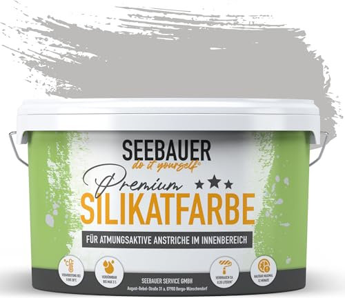 SEEBAUER diy Silikatfarbe Hellgrau 10L für Innen (No. 234 Misty Moor) Atmungsaktive Mineralfarbe für Allergiker - Abwaschbare Wandfarbe - Grautöne hohe Deckkraft
