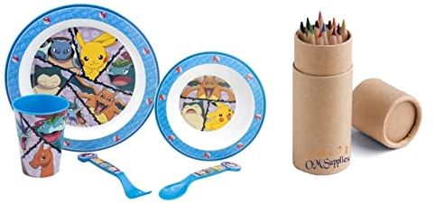 Cartoon Character Dinner Tableware Set 5pcs Plate, Bowl, Cup & Cutlery, BPA Free re-usable Plastic Microwave Safe Includes Half Size 12pcs Pencil Set