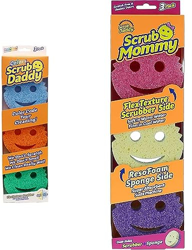 Scrub Daddy Color Eponge Smiley Anti-Rayures, Eponge Vaisselle Lavable Antibactérienne et Réutilisable & Scrub Mommy Eponge Vaisselle Lavable - Éponge Réutilisable Cuisine et Salle de Bain