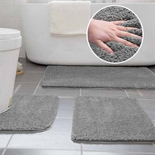 Ceneco Bath Mat Sets 3 Piece Non-slip Microfiber Bathroom Washable Water Absorbent Toilet Mat, Extra Soft Bath Rug, Bathtub Rug(Grey,50 * 80+50 * 60+U40*50 cm)