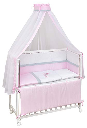 Baby Delux Beistellbett Babybett Stubenwagen weiß 90x40 mobil mit Rädern inkl. Matratze und Bettwäsche Set mehrteilig (Princess)