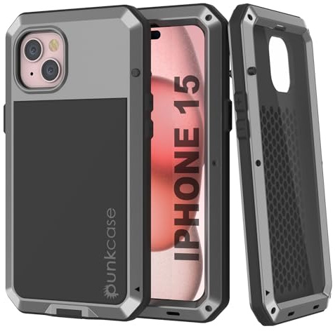 PunkCase Metallhülle für iPhone 15 (15,5 cm / 6,1 Zoll) (2023) (2023), robustes Aluminium- und TPU-Design mit Displayschutzfolie aus gehärtetem Glas, silberfarben