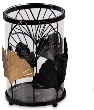 Formano Windlicht Gingko Schwarz-Gold 16cm - Metall Kerzenhalter mit Glaseinsatz - Elegante Tischdeko - Wohnzimmer Beleuchtung - Geschenkidee