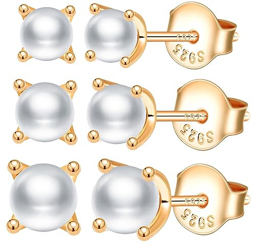CPSLOVE Boucles d'oreilles Perles Elégantes en Argent 925 pour Femme Fille Clous d'oreilles Perles à Quatre Griffes Bijoux de Mariage Brillants Set de 3 Paires Or