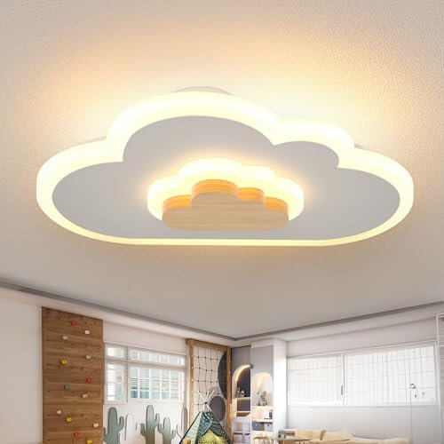 AOEH LED Deckenleuchte Schlafzimmer Kinderzimmerlampe Deckenlampe Deckenleuchte für Kinder Wolken deckenleuchte Holz 50W Stufenloses Dimmen mit Fernbedienung Mit Nachtlichtfunktion,80cm