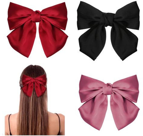 GWAWG 3PCS Schleife Haarspange, Haarspangen mit Schleife,Französische Haarspangen Mädchen Haarspangen(Schwarz, Rosa und Rot)