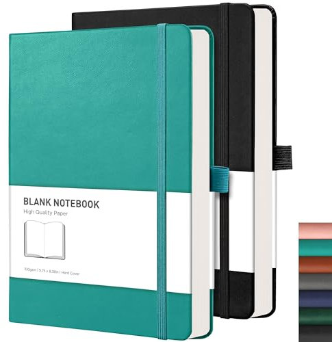 RETTACY Notizbuch A5 Blanko 2er Pack - 384 Seiten Unlined Notizbücher mit 100gsm Blanko Papier, Stiftschlaufe, Innentasche, für Skizzieren Schule Frauen Männer 14.5 x 21cm-Cyan