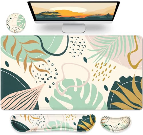 Gimars 4 in 1 XXL Mouse Pad & Keyboard Mouse Wrist Rest Set, 800x300mm Large Memory Foam Mouse Pad Wrist Supports with Coaster for Typing Pain Relief, Gaming Office Home, Morandi Blue