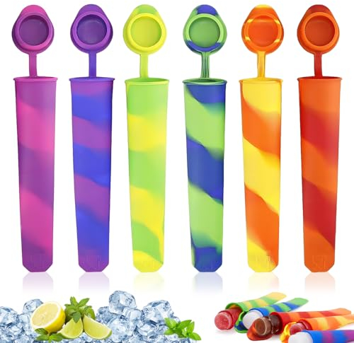 Moldes para Helados, 6 Piezas Polos de Hielo, Moldes Helados Silicona Reutilizables, Molde Helado con Tapa, Fabricantes de Paletas de Hielo para Hacer Polos de Hielo Helado Zumo Batido Yogur, sin BPA