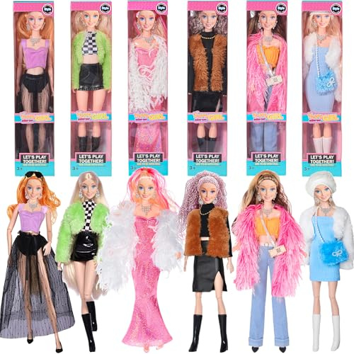 ebuddy 6 Pack 11.5 Inch Dress Up Dolls for Girls - 6 Stylish White Skin Dolls with Unique Outfits & Accessories