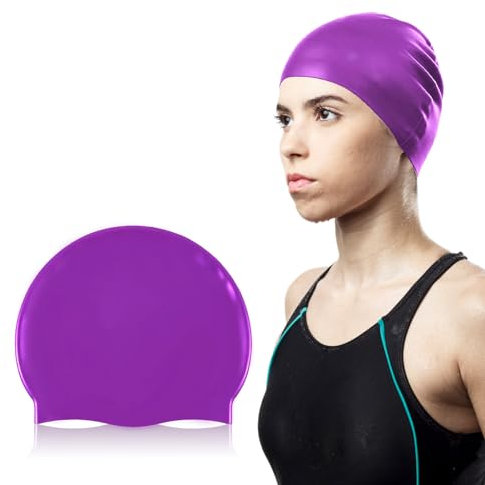 LANAFAY Cuffia da Nuoto Unisex in Silicone, Cuffia Piscina Donna e uomo Impermeabile, Antiscivolo Cuffia Piscina Capelli Lunghi Viola, Comoda e Resistente