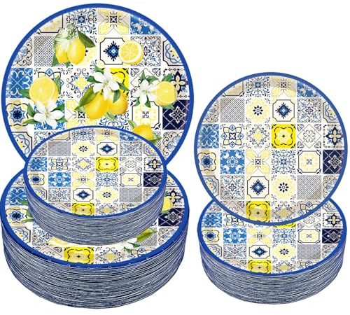 HSPAIDYP Zitronen-Partyteller, 22,9 cm und 17,8 cm, Zitrusfrüchte, blaue Fliesen, Capri-Zitronen-Partydekorationen, Gelb, 100 Stück