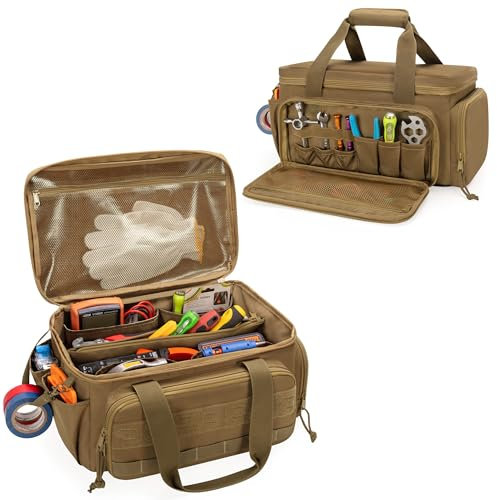 Rexmica 37 CM Werkzeugtasche für Männer mit rutschfestem und dick gepolstertem Boden, Werkzeugtasche Elektriker, Multifunktionale Arbeitstasche für Handwerker, Elektriker, Schreiner, Khaki