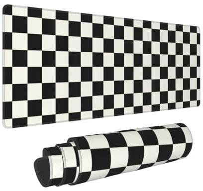 TOXXU Checkered Large Gaming Mouse Pad for Girl with Anti-Slip Base, Checkerboard Extended XL Mousepad, Desk Mat with Stitched Edges for Desk, 31.5 x 11.8 in, Black