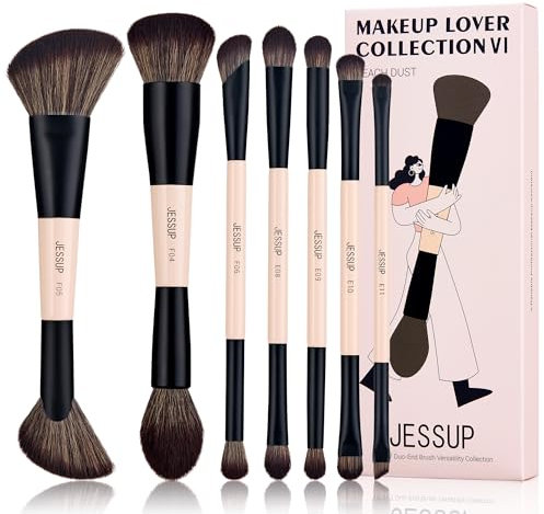 Jessup Pinselset Make Up Pinsel Set 14-in-7 doppelseitig Makeup Pinsel Foundation Concealer Rouge Lidschatten Kontur Bronzer Puder Verblenden Augenbrauen Eyeliner tierversuchsfrei Pfirsichstaub T600
