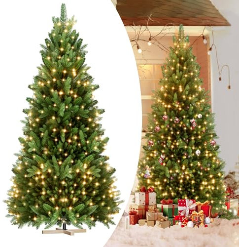 YRHome 225cm Weihnachtsbaum Künstlich aus PE und PVC mit stabilem Holzständer realistischer Tannenbaum künstlich Weihnachtsbaum mit LED-Beleuchtung für Festliche Dekoration Schnellaufbau Klappsystem