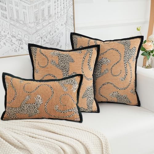 Yonous PREMIUM SERIES Schneeleopard-Kissenbezüge, Tier-Jacquard-Überwurfkissen für Heimdekoration, Chenille-Samt, doppelseitige Designs, Braun Gelb, 50 x 50 cm, nur Bezüge