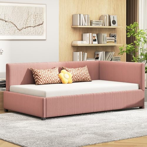 KUAKE Polsterbett Einzelbett 90x200 mit Lattenrost, Daybett Tagesbett Schlafsofa Jugendbett, Hautfreundlicher Samtstoff, Ohne Matratze (Rosa)