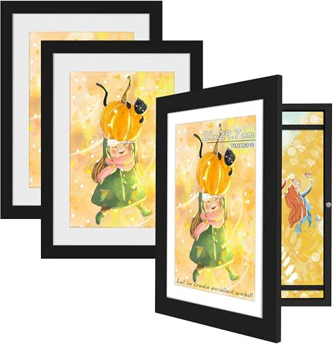 Tinkeps 3 Pack A4 Kids Artwork Display Frame Black - Fillable Front Opening Photo Frames, Children's Artwork Display for 150 Pictures, for Kids Art Projects, Artworks, Schoolwork, Home or Office