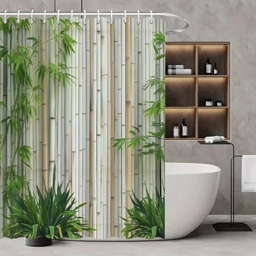 HNBFKD Cortina de Ducha de bambú con Tejido de poliéster, Paisaje de Plantas Verdes, Cortinas divisorias de baño con Ganchos, decoración del hogar 85x180cm/33x71in(WxH)